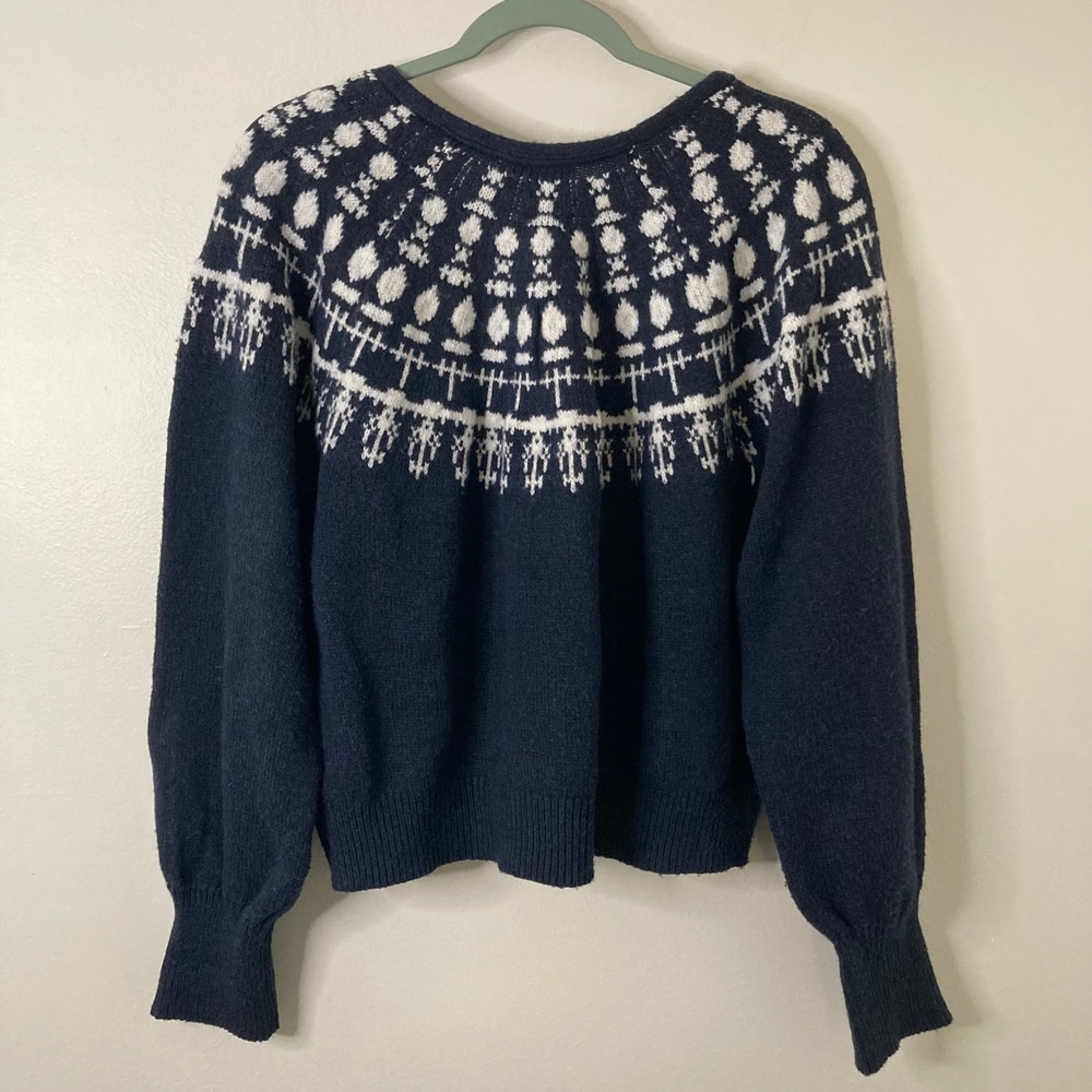 Coastal Navy Blue Fair Isle Knit V-Neck Button Front Cardigan XL Nordic Preppy - Picture 6 of 11
